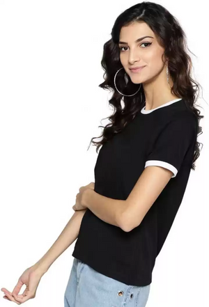 TANDUL  Solid Women Round Neck Black T-Shirt
