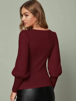 TANDUL  Casual Puff Sleeves Solid Women Maroon Top