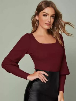 TANDUL  Casual Puff Sleeves Solid Women Maroon Top