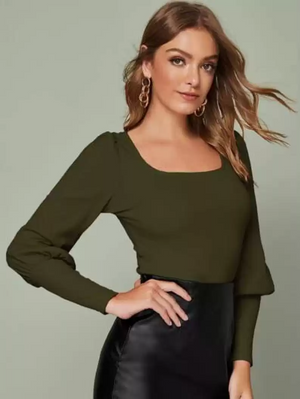 TANDUL  Casual Puff Sleeves Solid Women Green Top