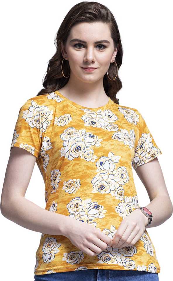 Casual Regular Sleeves Floral Print Women Yellow Top