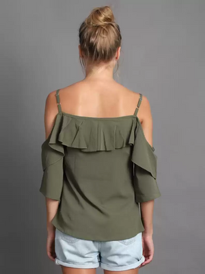 TANDUL  Casual Cold Shoulder Sleeves Solid Women Green Top