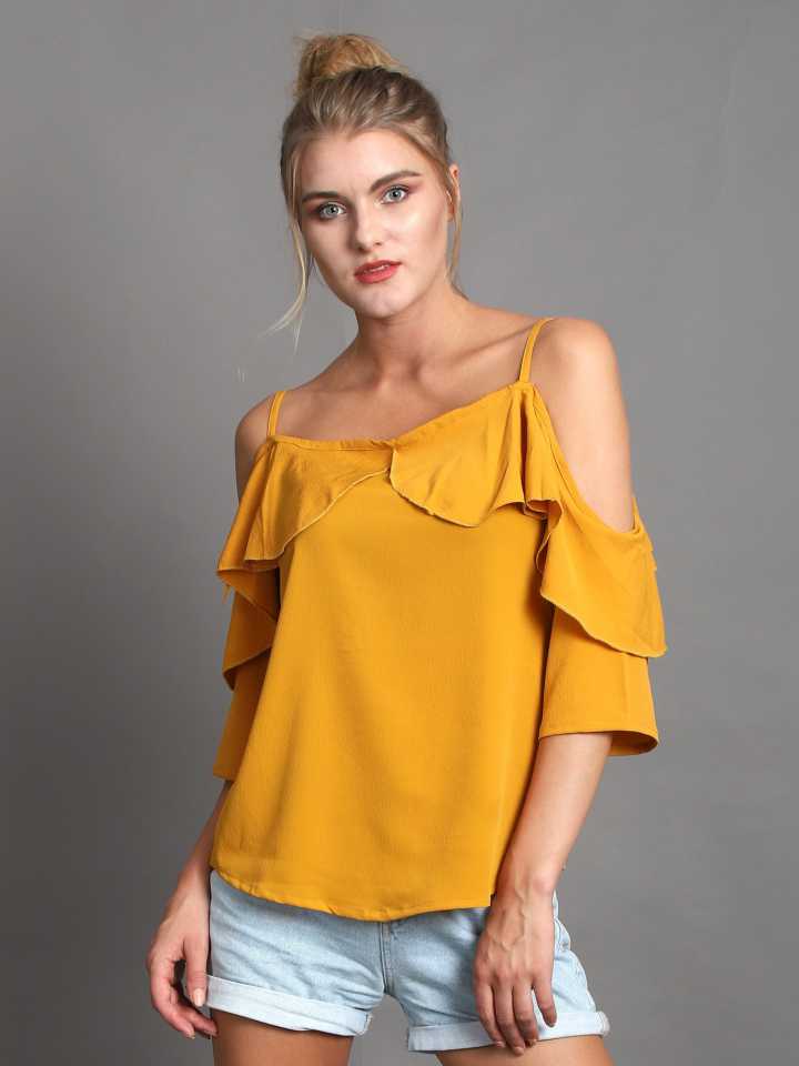 Casual Cold Shoulder Sleeves Solid Women Yellow Top