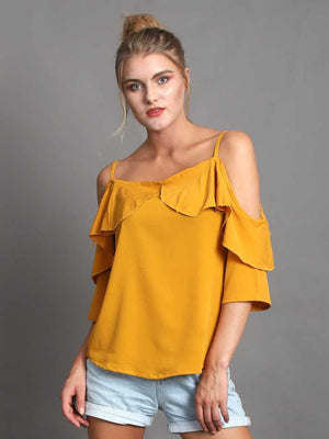 Casual Cold Shoulder Sleeves Solid Women Yellow Top