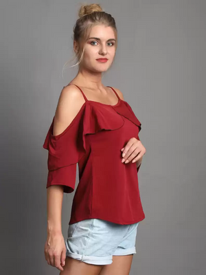 TANDUL  Casual Cold Shoulder Sleeves Solid Women Maroon Top