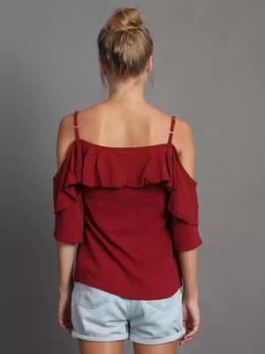 TANDUL  Casual Cold Shoulder Sleeves Solid Women Maroon Top