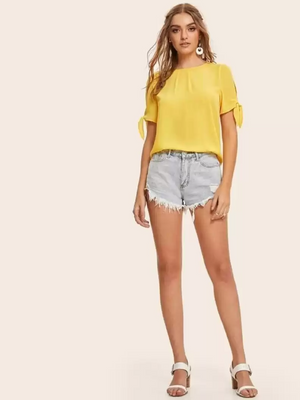 TANDUL  Casual Regular Sleeves Solid Women Yellow Top