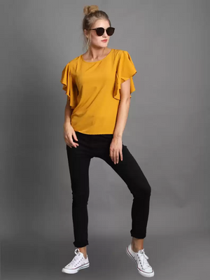 TANDUL  Casual Regular Sleeves Solid Women Yellow Top