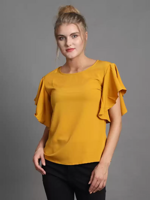 TANDUL  Casual Regular Sleeves Solid Women Yellow Top