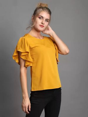 TANDUL  Casual Regular Sleeves Solid Women Yellow Top