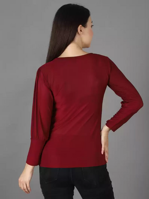 TANDUL  Casual Regular Sleeves Solid Women Maroon Top With Mask