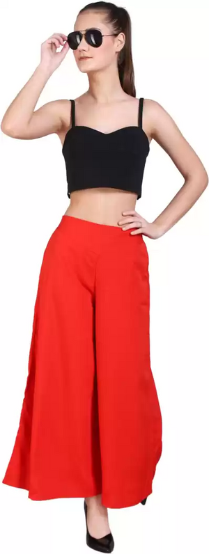 TANDUL  Flared Women Red Crepe Trousers
