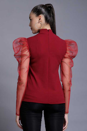 TANDUL  Casual Puff Sleeves Solid Women Maroon Top