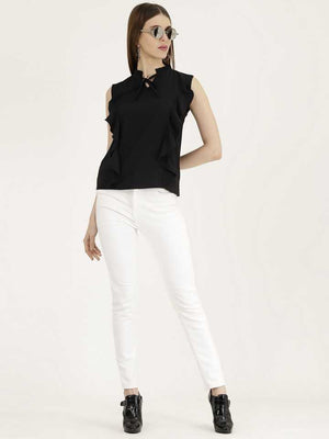 TANDUL  Casual Sleeveless Solid Women Black Top