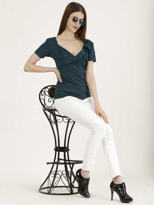Casual Regular Sleeves Solid Women Dark Green Top