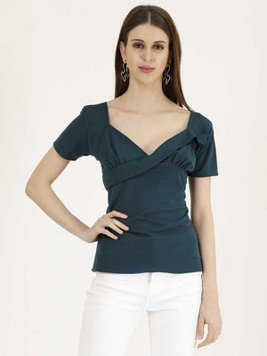 Casual Regular Sleeves Solid Women Dark Green Top