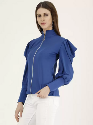 TANDUL  Casual Cuffed Sleeves Solid Women Blue Top