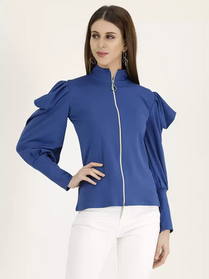 TANDUL  Casual Cuffed Sleeves Solid Women Blue Top