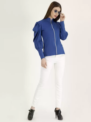TANDUL  Casual Cuffed Sleeves Solid Women Blue Top