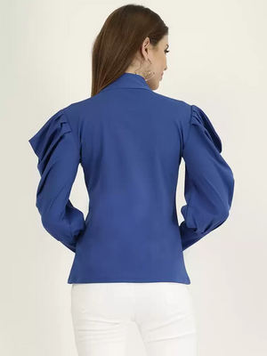 TANDUL  Casual Cuffed Sleeves Solid Women Blue Top