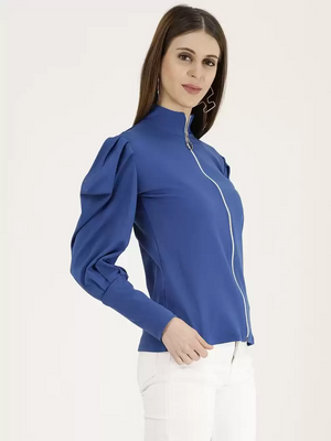 TANDUL  Casual Cuffed Sleeves Solid Women Blue Top