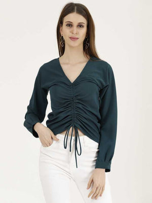 Casual Regular Sleeves Solid Women Dark Green Top