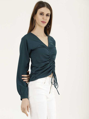 Casual Regular Sleeves Solid Women Dark Green Top