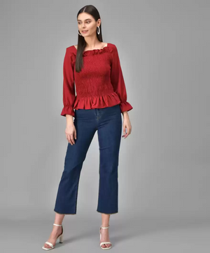 TANDUL  Casual Regular Sleeves Solid Women Maroon Top