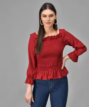 TANDUL  Casual Regular Sleeves Solid Women Maroon Top