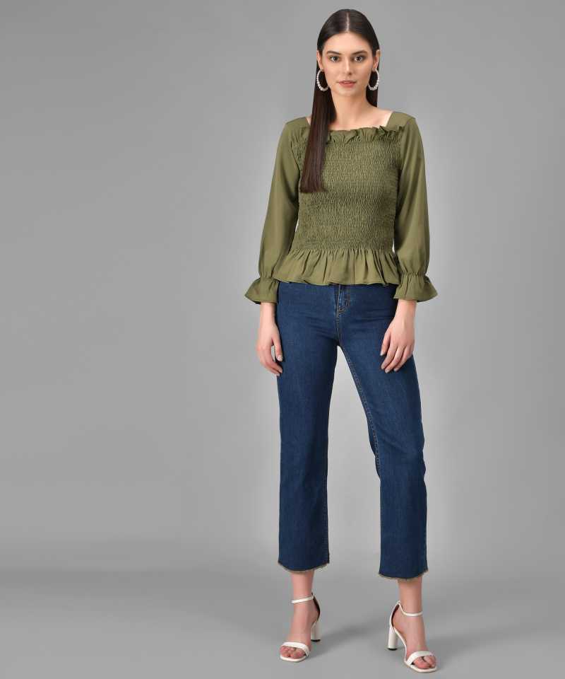 Casual Regular Sleeves Solid Women Green Top