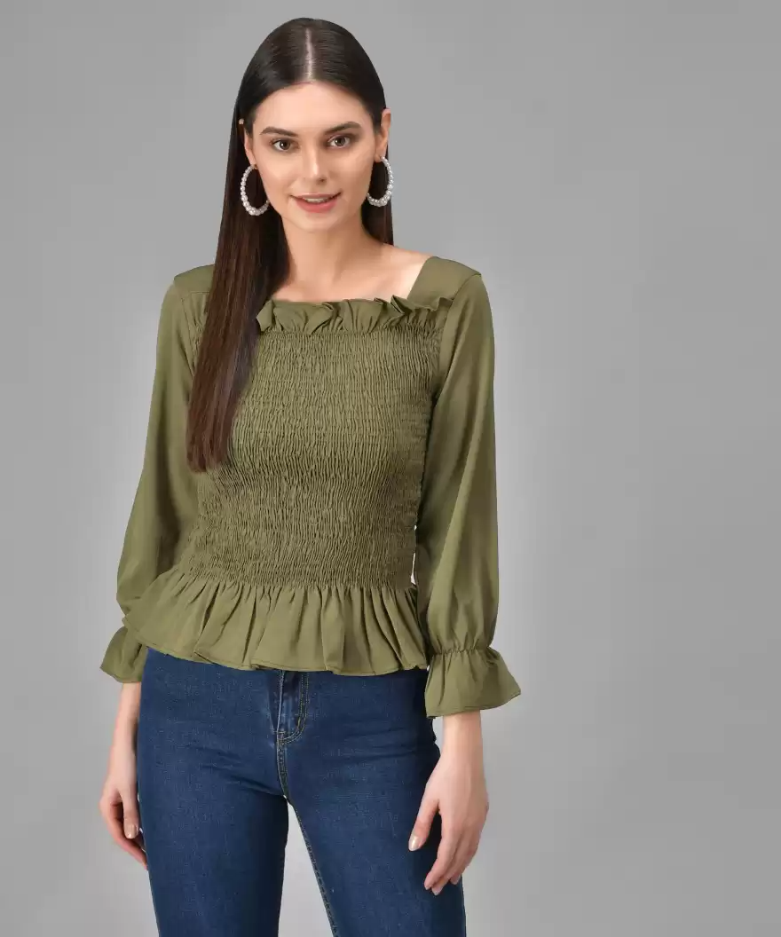 TANDUL  Casual Regular Sleeves Solid Women Green Top