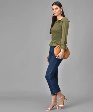 TANDUL  Casual Regular Sleeves Solid Women Green Top