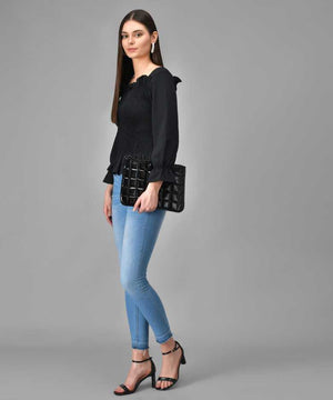 Casual Regular Sleeves Solid Women Black Top