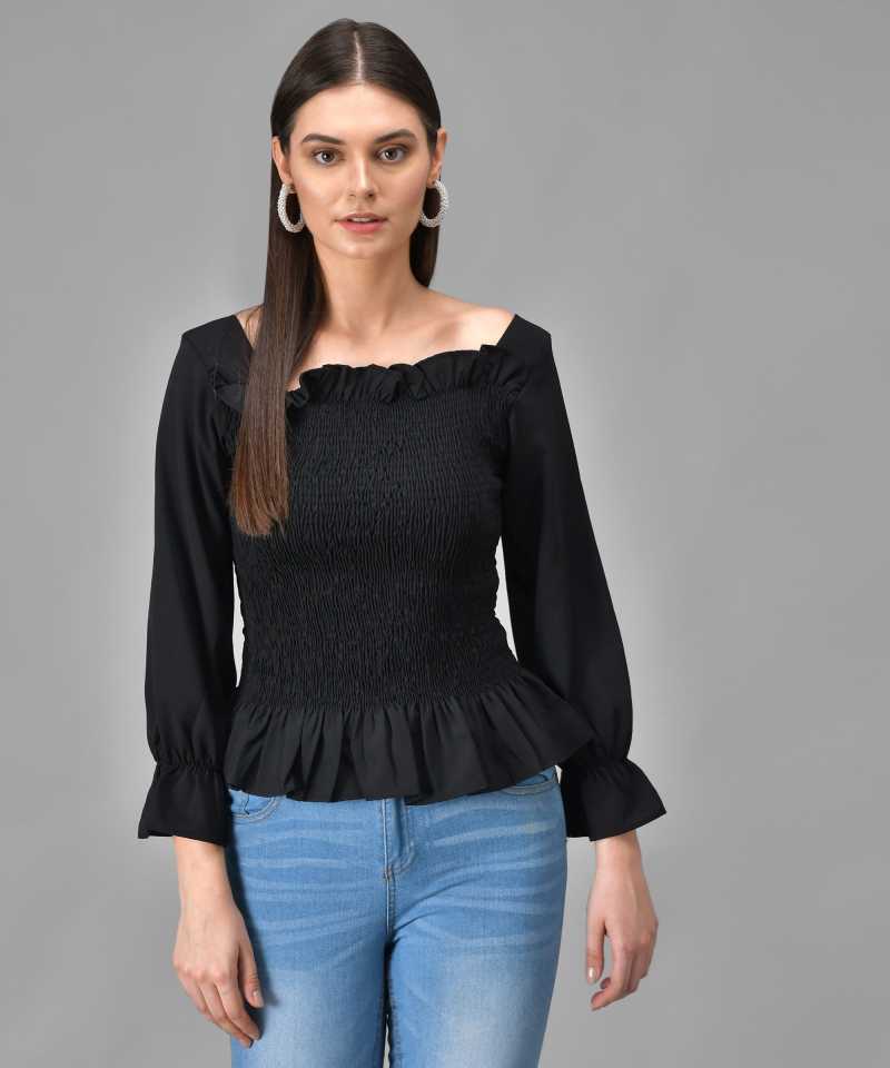 Casual Regular Sleeves Solid Women Black Top
