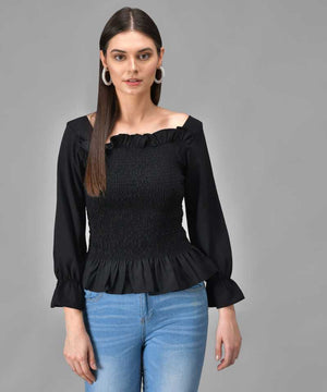 Casual Regular Sleeves Solid Women Black Top