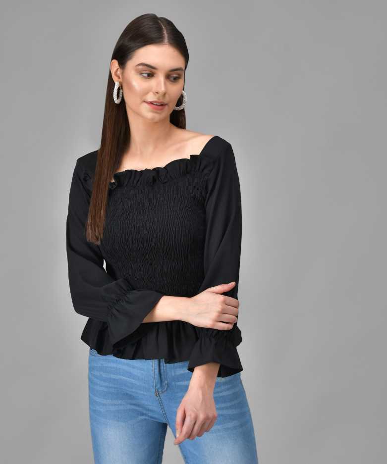 Casual Regular Sleeves Solid Women Black Top
