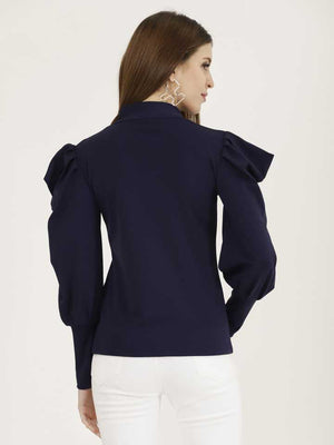 TANDUL  Casual Regular Sleeves Solid Women Dark Blue Top