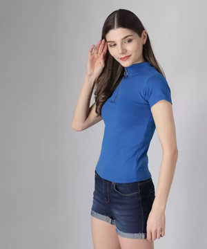 Casual Regular Sleeves Solid Women Blue Top