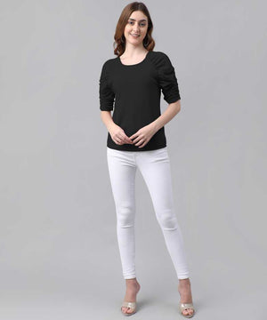Casual Puff Sleeves Solid Women Black Top