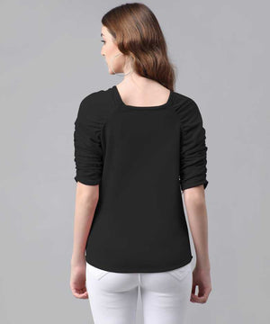 Casual Puff Sleeves Solid Women Black Top
