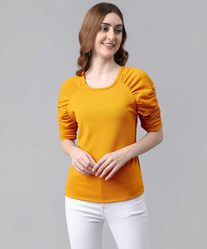 Casual Puff Sleeves Solid Women Yellow Top