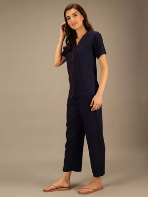 TANDUL  Women Solid Blue Shirt & Pyjama set