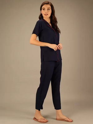 TANDUL  Women Solid Blue Shirt & Pyjama set