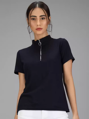 TANDUL  Casual Regular Sleeves Solid Women Dark Blue Top