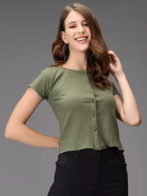 TANDUL  Casual Regular Sleeves Striped Women Green Top