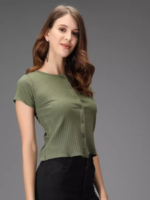 TANDUL  Casual Regular Sleeves Striped Women Green Top