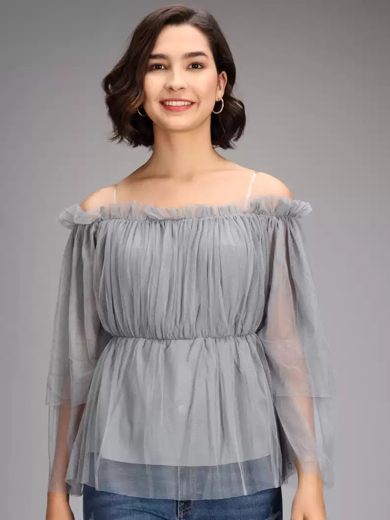 TANDUL  Casual Regular Sleeves Striped Women Grey Top