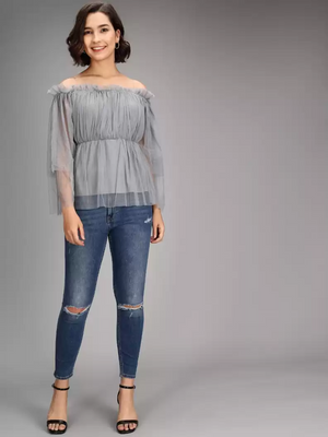 TANDUL  Casual Regular Sleeves Striped Women Grey Top