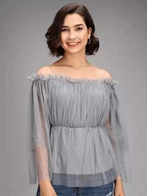 TANDUL  Casual Regular Sleeves Striped Women Grey Top