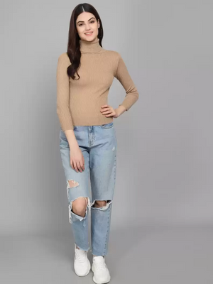 TANDUL  Solid High Neck Casual Women Beige Sweater